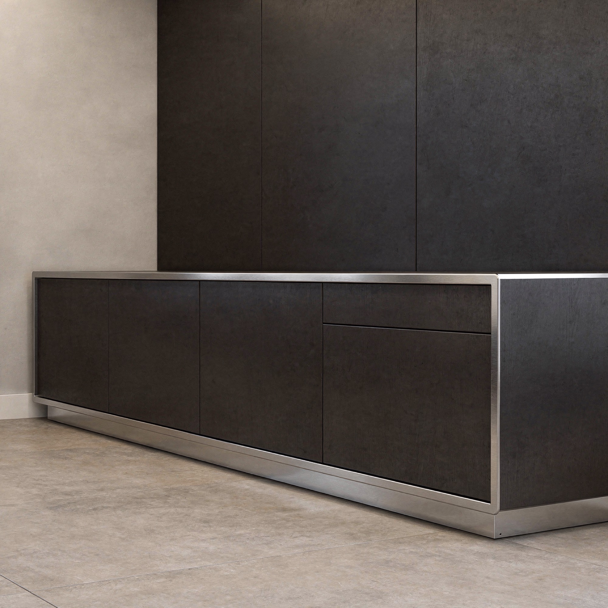 Longform media-wall cabinetry detail